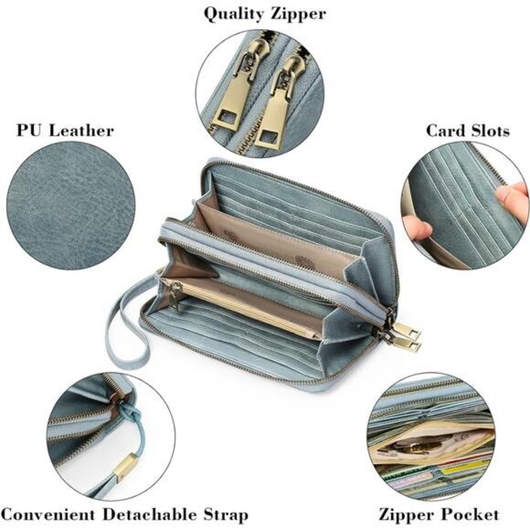 Clutch RFID Blocking Leather Wristlet Purse Large Capacity Credit Card Holder - Picture 6 of 7